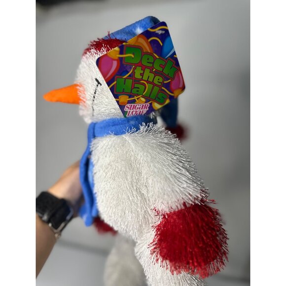 Sugar Loaf Deck The Halls Snowman Plush 12" Fuzzy Hair Blue Scarf White - Picture 2 of 6